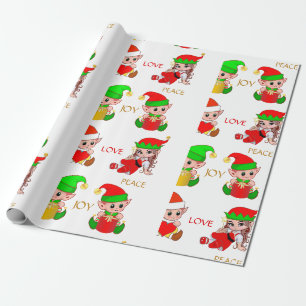 Papier Cadeau Jolies elfes de Noël en blanc