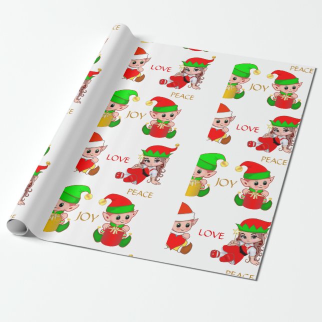 Papier Cadeau Jolies elfes de Noël en blanc (Déroulé)