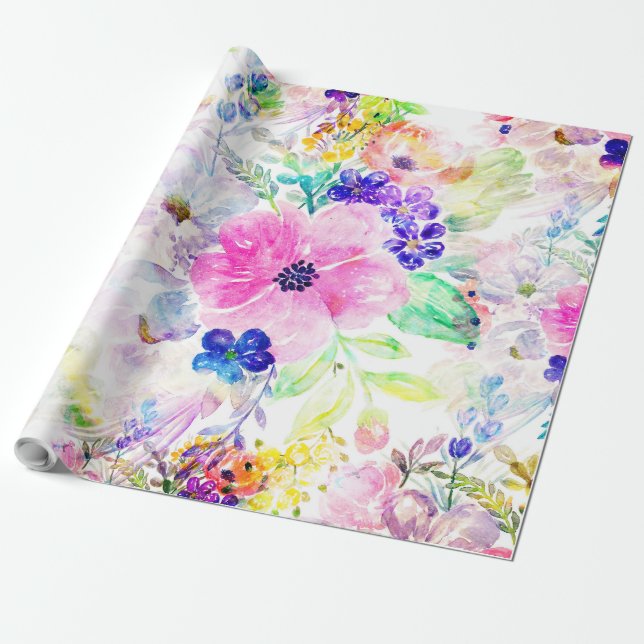 Papier Cadeau Jolies Fleurs Boho Floral Aquarelle Design (Déroulé)