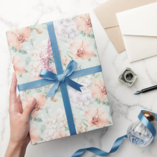 Papier Cadeau Jolies Fleurs d'Orchidée Pêche Menthe pour Anniver