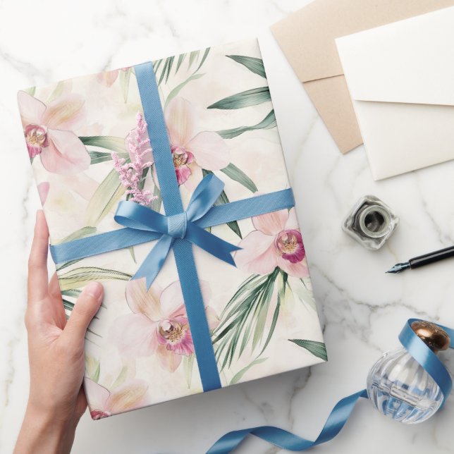 Papier Cadeau Jolies fleurs d'orchidées tropicales roses douche  (Cadeaux)