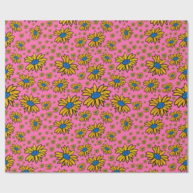 Papier Cadeau Jolies marguerites bleu jaune rose (Plat)