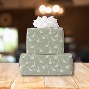 Papier Cadeau Jolies oies et motif d'empreintes sur vert sauge