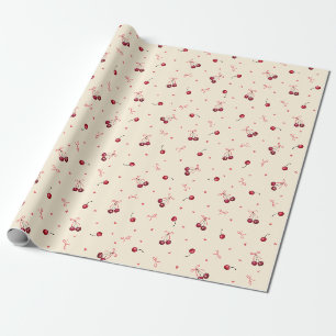 Papier Cadeau Jolies petites cerises roses rouges Cœurs Rubans C