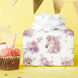 Papier Cadeau Jolies Poneys Fleurs au Pastel Cheval