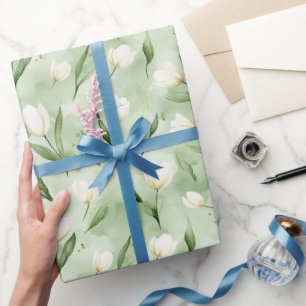 Papier Cadeau Jolies Tulipes Blanches Vertes Shower de Mariée