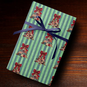 Papier Cadeau Jolis arbres de Noël patchwork rayés coquette