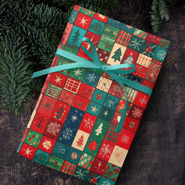 Papier Cadeau Jolis blocs patchwork bleu rouge (Créateur téléchargé)