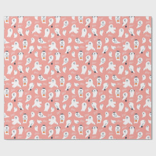 Papier Cadeau Jolis fantômes Halloween Élégant Rose Blanc