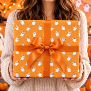 Papier Cadeau Jolis Fantômes Motif Halloween Orange