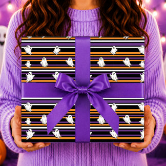 Papier Cadeau Jolis Fantômes Rayures Noir Orange Violet