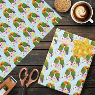 Papier Cadeau Jolis Inséparables Fleurs Tropicales Oiseau Romant