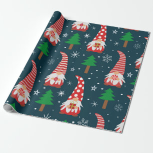 Papier Cadeau Jolis lutins de Noël avec des arbres et des flocon