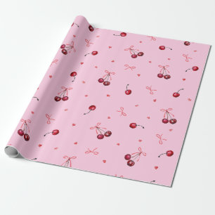 Papier Cadeau Jolis rubans de cerises rouges cœurs sur fond rose