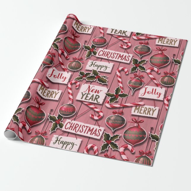 Papier Cadeau Jolly Holiday Jumble Rose (Déroulé)