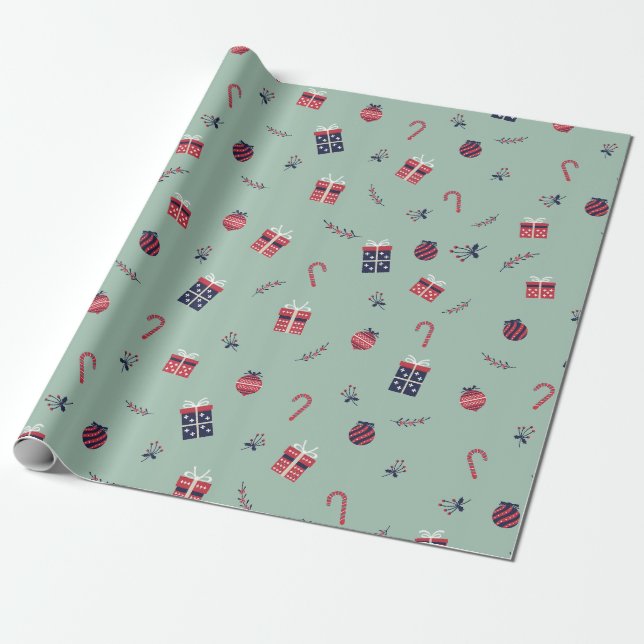 Papier Cadeau Jote Noël présente des ornements Motif (Déroulé)