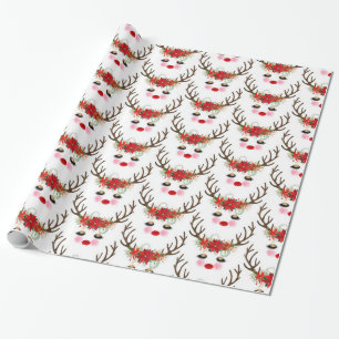 Papier Cadeau Joues Roses Yeux Dorés Floral Renne Fêtes