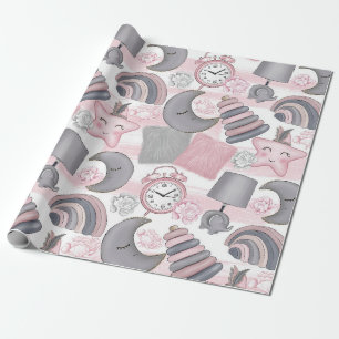 PAPIER CADEAU JOUETS DE FILLES DE BÉBÉ ROSE & GRIS COEUR FLEURS