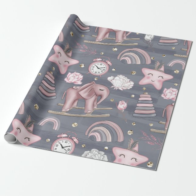 PAPIER CADEAU JOUETS DE FILLES DE BÉBÉ ROSE & GRIS COEUR FLEURS (Déroulé)