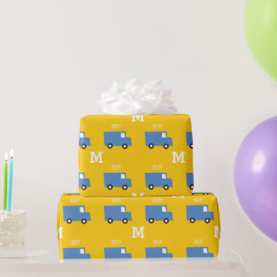 Papier Cadeau Jouets Garçons Transport Camion bleu Monogramme An