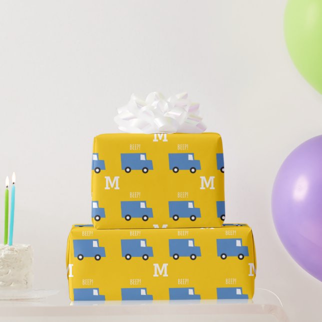 Papier Cadeau Jouets Garçons Transport Camion bleu Monogramme An (Cadeaux de fête)