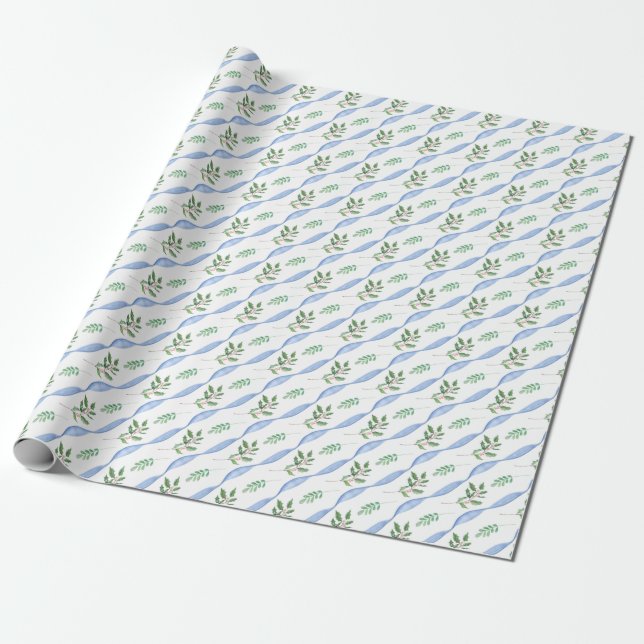 Papier Cadeau Jour de Noël Bleu Ruban Holly Cadeau (Déroulé)