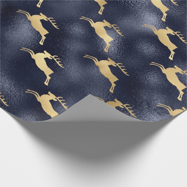 Papier Cadeau Jour de Noël des Rennes d'Or Métallurgique Bleu (Coin)
