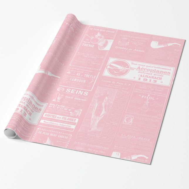 Papier Cadeau journal antique français rose victorien (Déroulé)