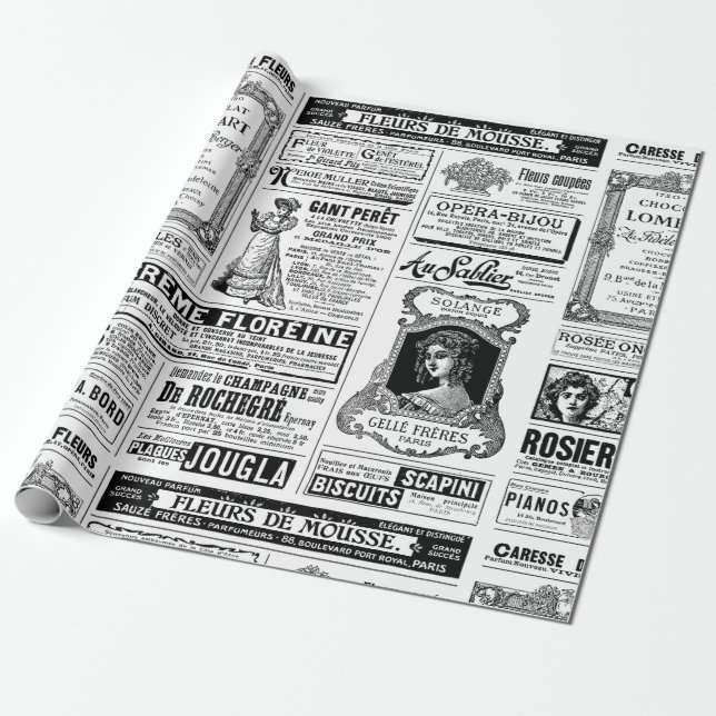 Papier Cadeau journal victorien antique français noir blanc (Déroulé)