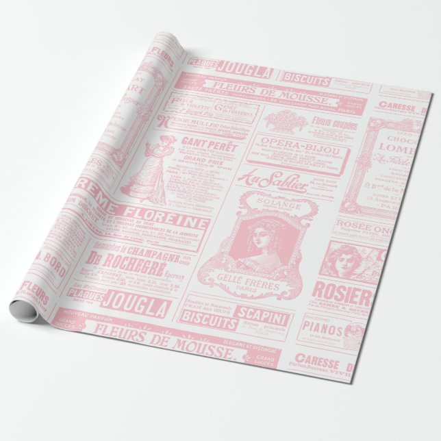 Papier Cadeau journal victorien antique français rose (Déroulé)