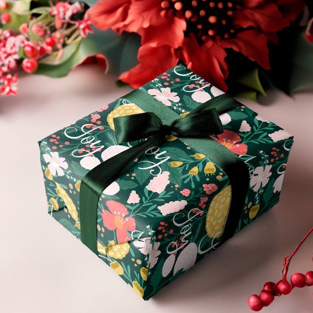 Papier Cadeau Joy Botanical Floral Festive Jardin Vert Motif (Joy Botanical Floral Festive Garden Pattern Green Wrapping Paper)