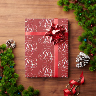 Papier Cadeau JOY Fancy Flourished Noël Calligraphie Rouge