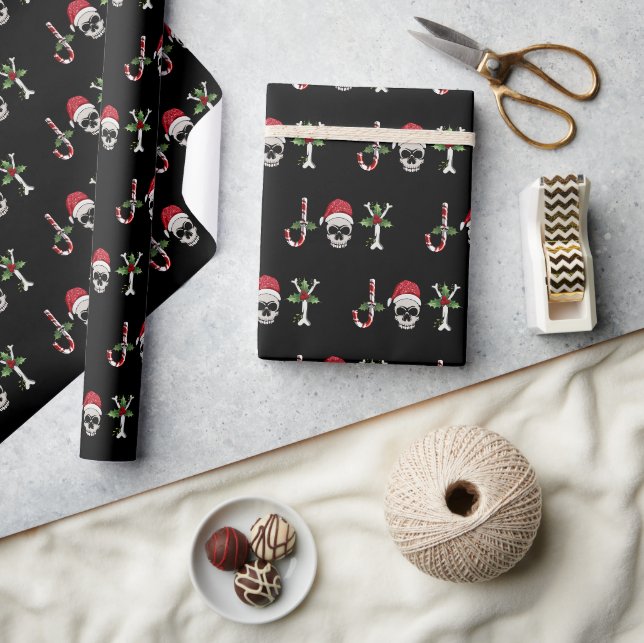 Papier Cadeau Joy Gothic Skull Holly Noël Enveloppement (Artisanat)