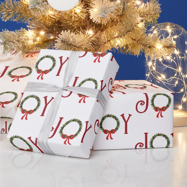 Papier Cadeau Joy Wreath Sur Blanc (Vacances)