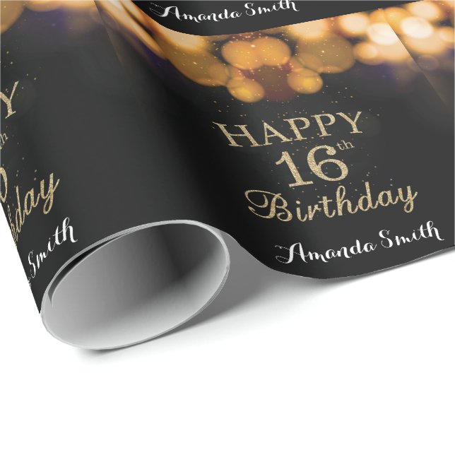 Papier Cadeau Joyeuse 16e anniversaire Parties scintillant noire (Coin rond)