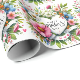 Papier Cadeau Joyeuse Fête des mères Coeur floral
