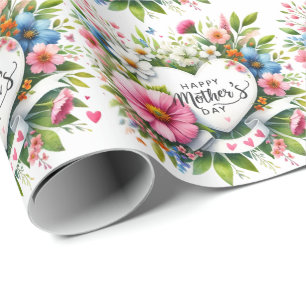 Papier Cadeau Joyeuse Fête des mères Coeur floral