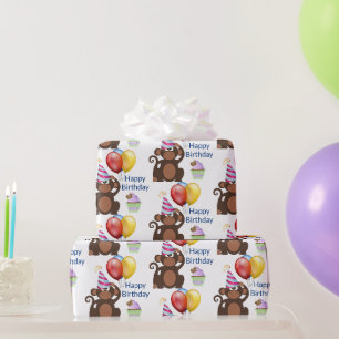 Papier Cadeau Joyeuse fête du singe et des ballons d'anniversair