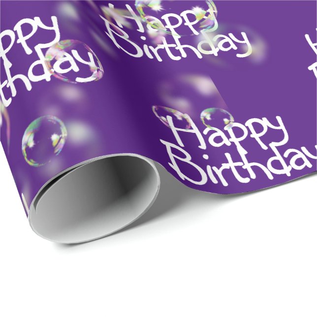 Papier Cadeau Joyeuses bulles d'anniversaire sur violet (Coin rond)