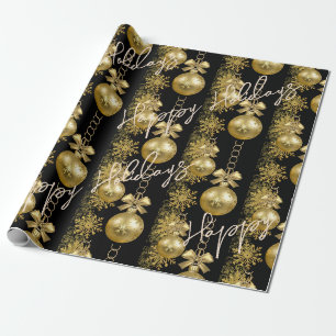Papier Cadeau Joyeuses fêtes enveloppant papier or boules Noir