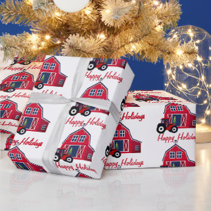 Papier Cadeau Joyeuses fêtes Grange et Tracteur