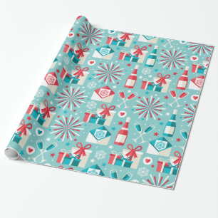 Papier Cadeau Joyeuses fêtes Motif bleu et rouge Turquoise