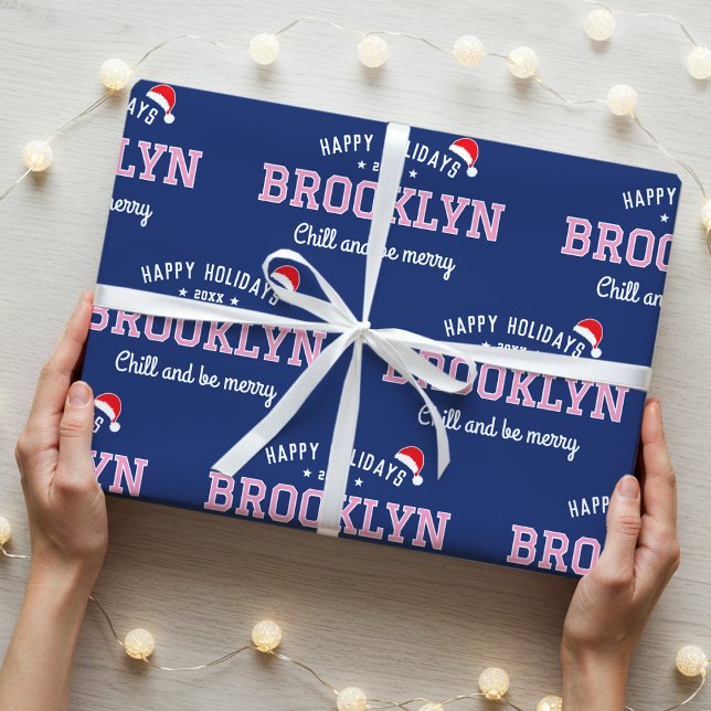 Papier Cadeau Joyeuses fêtes Nom Noël Santa Hat Pink Navy (Créateur téléchargé)