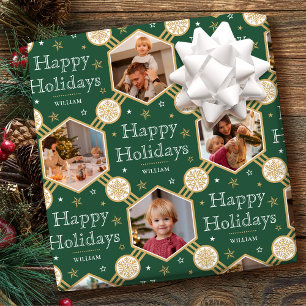 Papier Cadeau Joyeuses fêtes Snowflake Photo Green Gold