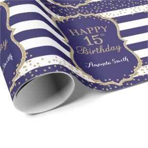 Papier Cadeau Joyeux 15e anniversaire Parties scintillant d'or e