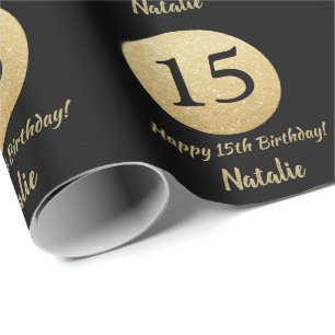 Papier Cadeau Joyeux 15e anniversaire Parties scintillant Noir e