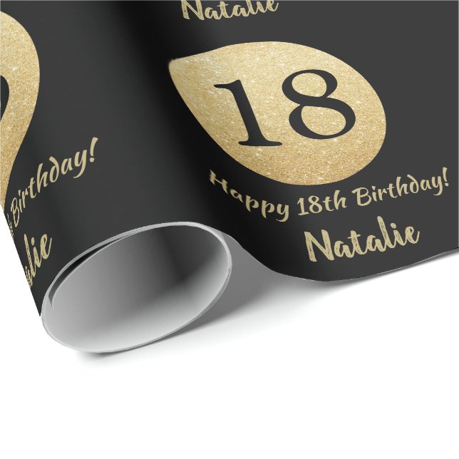 Papier Cadeau Joyeux 18e anniversaire Parties scintillant Noir e (Coin rond)