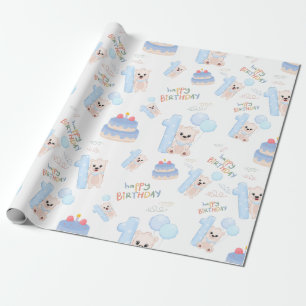 Papier Cadeau Joyeux 1er anniversaire bébé garçon mignon ours bl