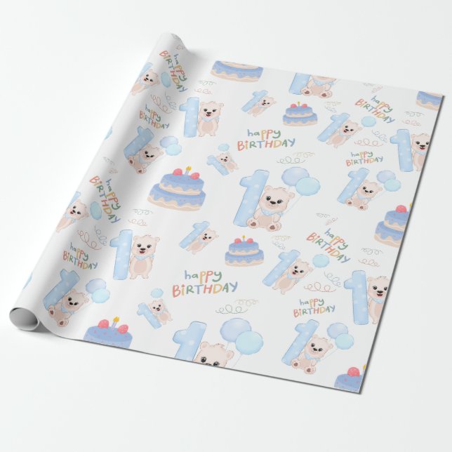 Papier Cadeau Joyeux 1er anniversaire bébé garçon mignon ours bl (Déroulé)
