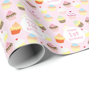 Papier Cadeau Joyeux 1er Anniversaire Cupcake Rose 